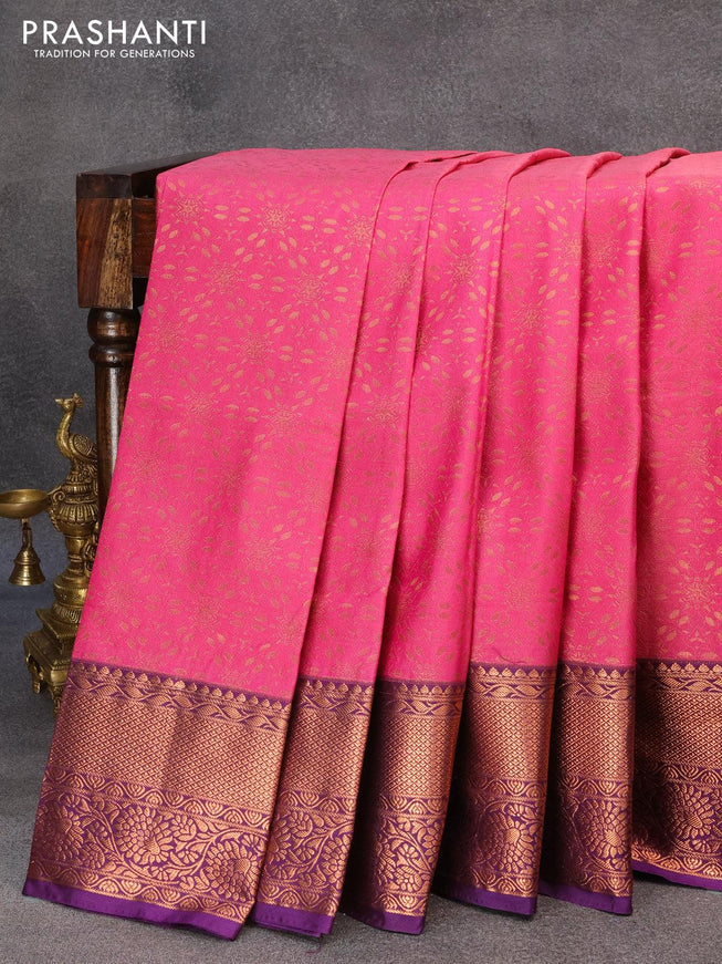 Bangalori silk saree pink and deep violet with allover copper zari weaves and copper zari woven border - {{ collection.title }} by Prashanti Sarees