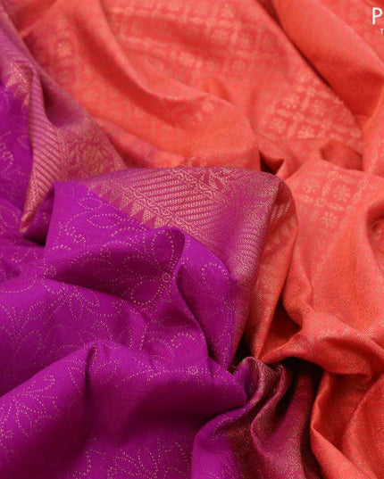 Bangalori silk saree purple and peach orange with allover copper zari weaves and copper zari woven border - {{ collection.title }} by Prashanti Sarees