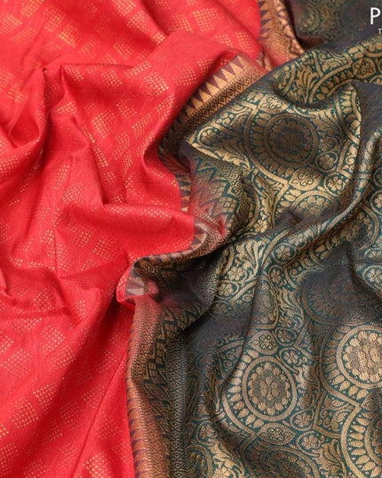 Bangalori silk saree red and bottle green with allover geometric zari butta weaves and zari woven border - {{ collection.title }} by Prashanti Sarees