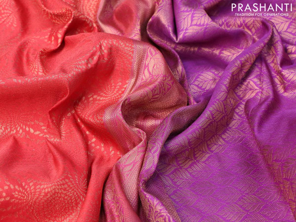 Bangalori silk saree red and deep purple with allover zari weaves and copper zari woven border - {{ collection.title }} by Prashanti Sarees