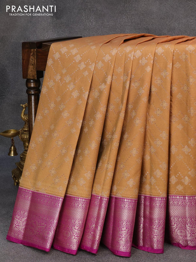 Bangalori silk saree sandal and purple with allover silver zari weaves and silver zari woven border - {{ collection.title }} by Prashanti Sarees