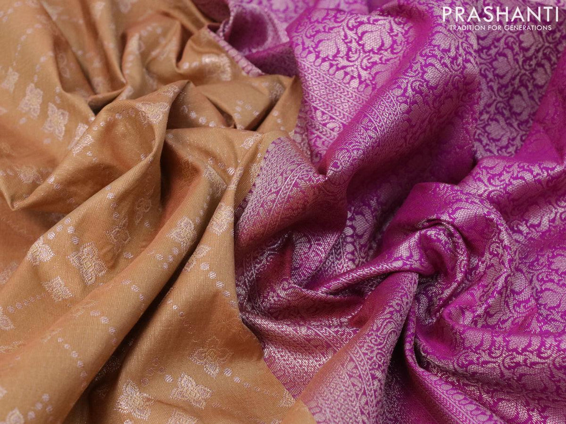 Bangalori silk saree sandal and purple with allover silver zari weaves and silver zari woven border - {{ collection.title }} by Prashanti Sarees