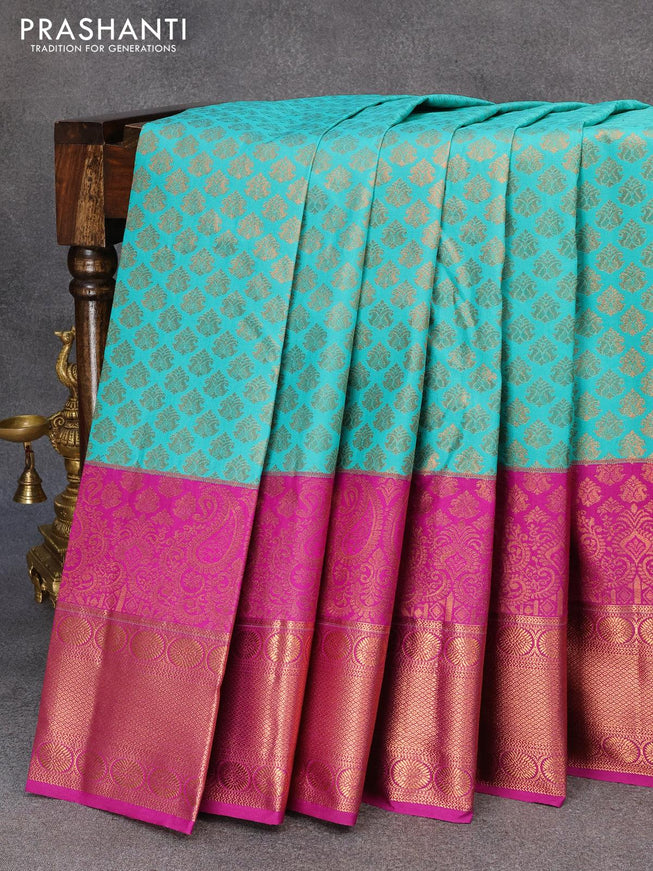 Bangalori silk saree teal blue and purple with zari woven butta weaves and long copper zari woven border - {{ collection.title }} by Prashanti Sarees