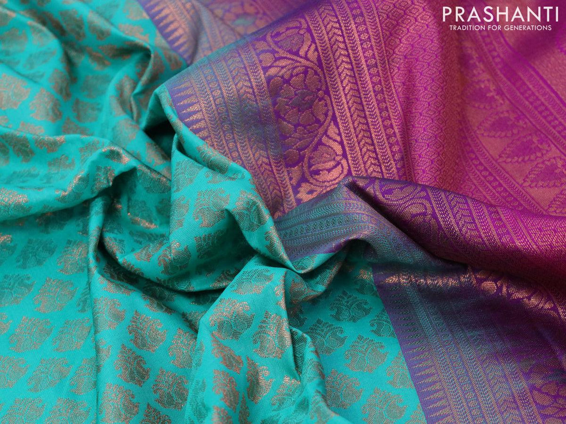 Bangalori silk saree teal blue and purple with zari woven butta weaves and long copper zari woven border - {{ collection.title }} by Prashanti Sarees