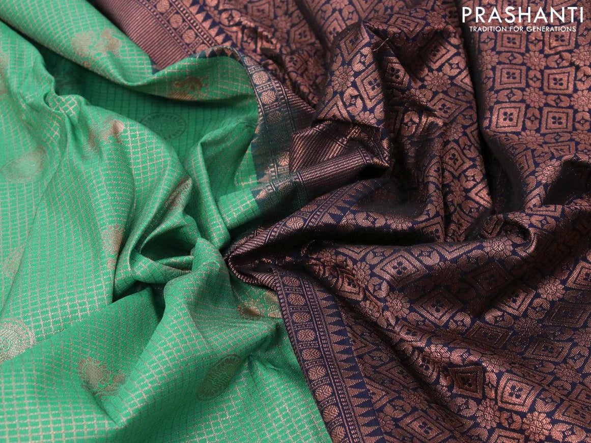 Bangalori silk saree teal green and black with allover small zari checks & buttas and copper zari woven border - {{ collection.title }} by Prashanti Sarees