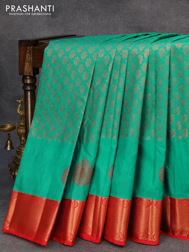 Bangalori silk saree teal green and red with allover copper zari weaves and copper woven border - {{ collection.title }} by Prashanti Sarees