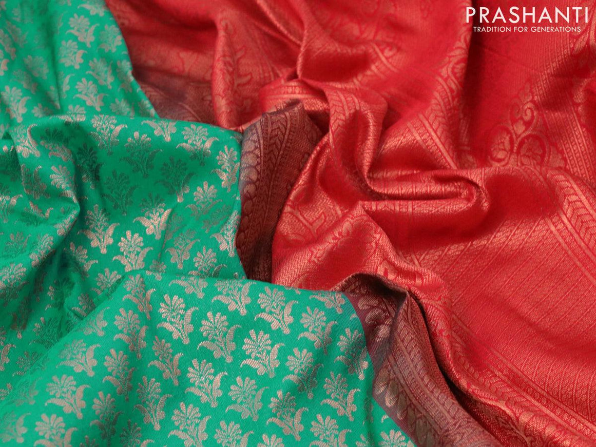 Bangalori silk saree teal green and red with allover copper zari weaves and copper woven border - {{ collection.title }} by Prashanti Sarees