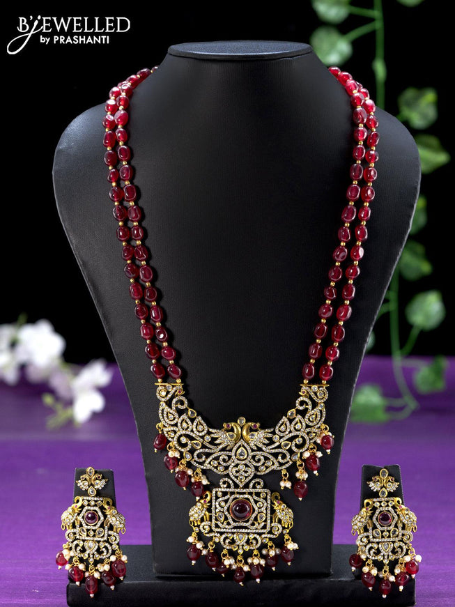 Beaded double layer maroon necklace with ruby & cz stones and beads hangings in victorian finish - {{ collection.title }} by Prashanti Sarees