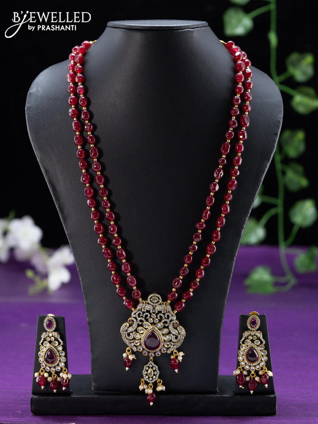 Beaded double layer maroon necklace with ruby and cz stones in victorian finish - {{ collection.title }} by Prashanti Sarees