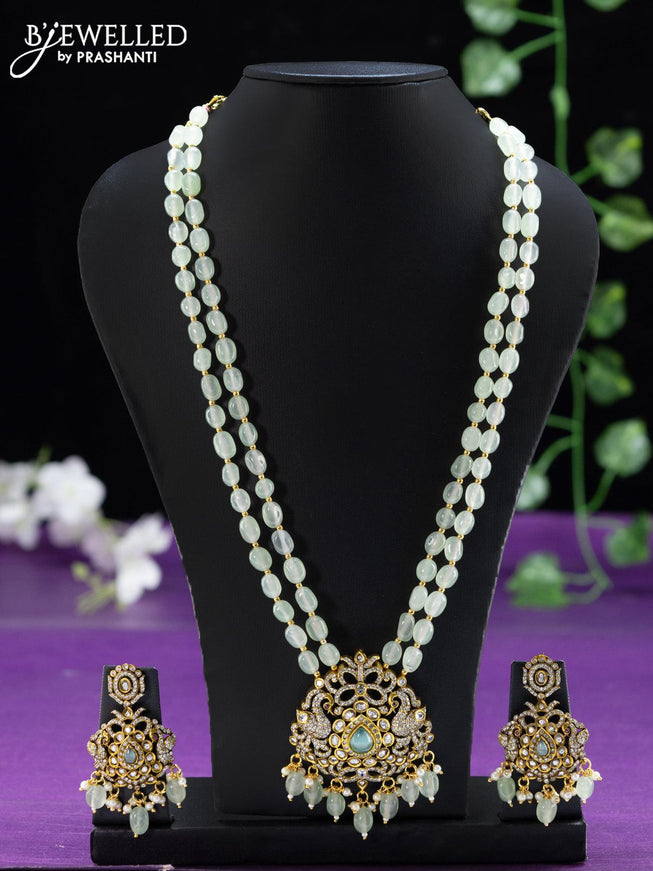 Beaded double layer mint green necklace with cz stones and beads hangings in victorian finish - {{ collection.title }} by Prashanti Sarees