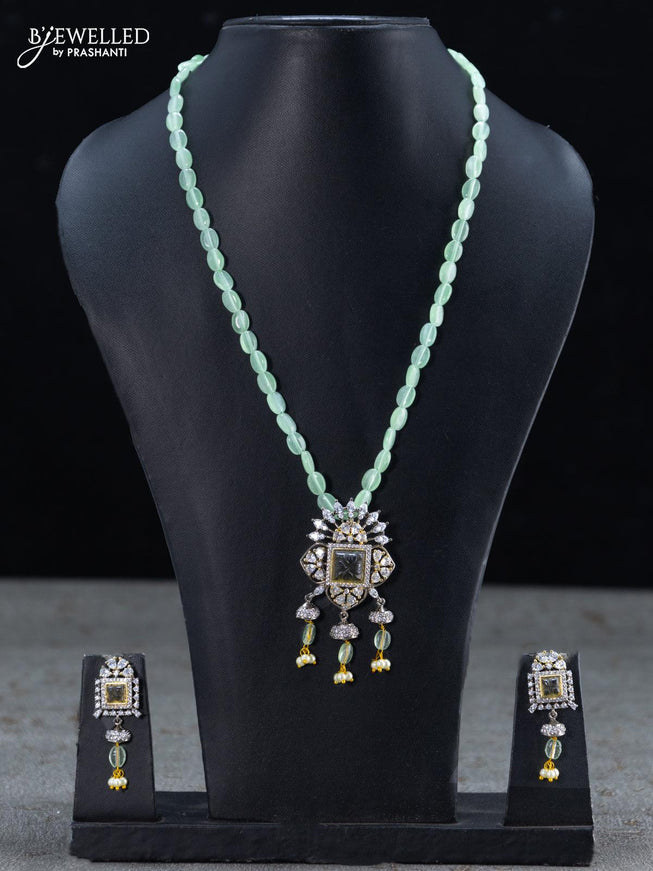 Beaded pastel green necklace with mint green and cz stones in victorian finish - {{ collection.title }} by Prashanti Sarees