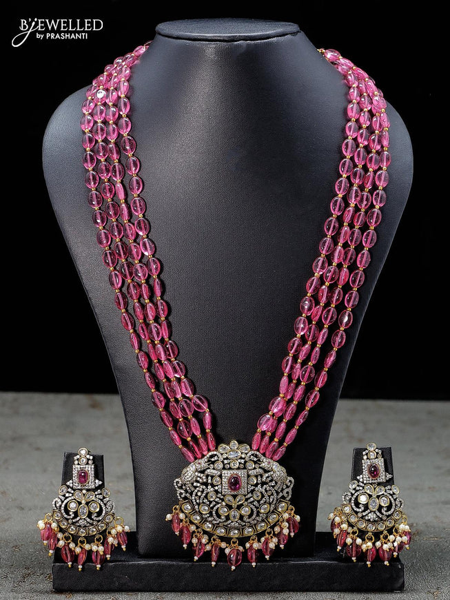 Beaded pink necklace with cz stones and beads hanging in victorian finish - {{ collection.title }} by Prashanti Sarees
