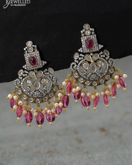 Beaded pink necklace with cz stones and beads hanging in victorian finish - {{ collection.title }} by Prashanti Sarees