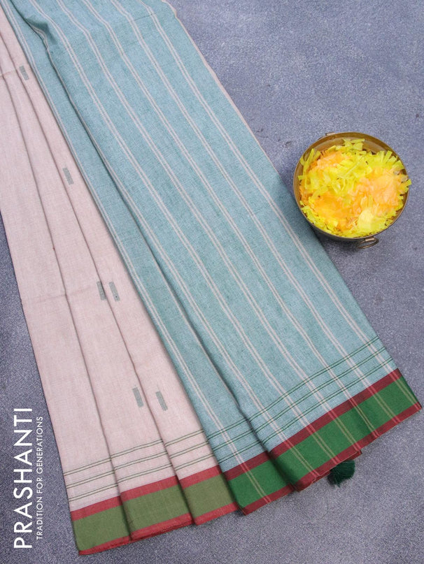 Bengal soft cotton saree beige and green with thread woven buttas and simple border - {{ collection.title }} by Prashanti Sarees