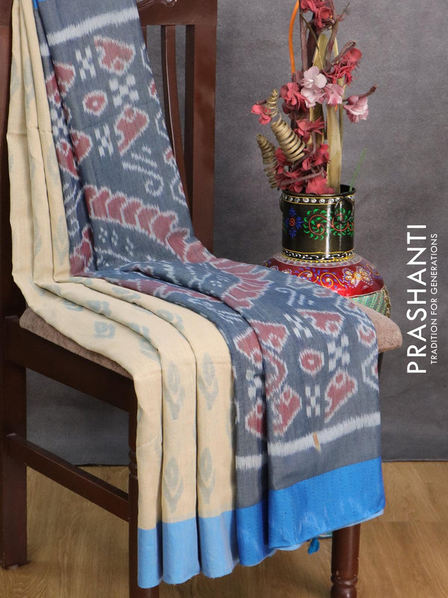 Bengal soft cotton saree beige and light blue with butta prints and contrast border - {{ collection.title }} by Prashanti Sarees