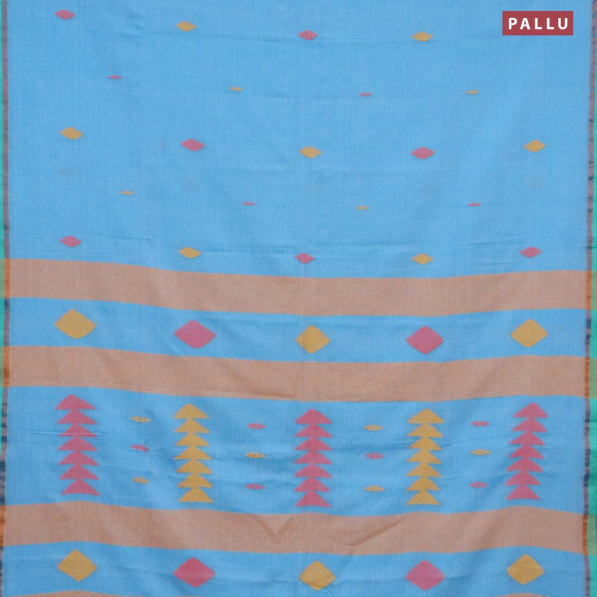Bengal soft cotton saree blue and teal green with thread woven buttas and zari woven simple border - {{ collection.title }} by Prashanti Sarees