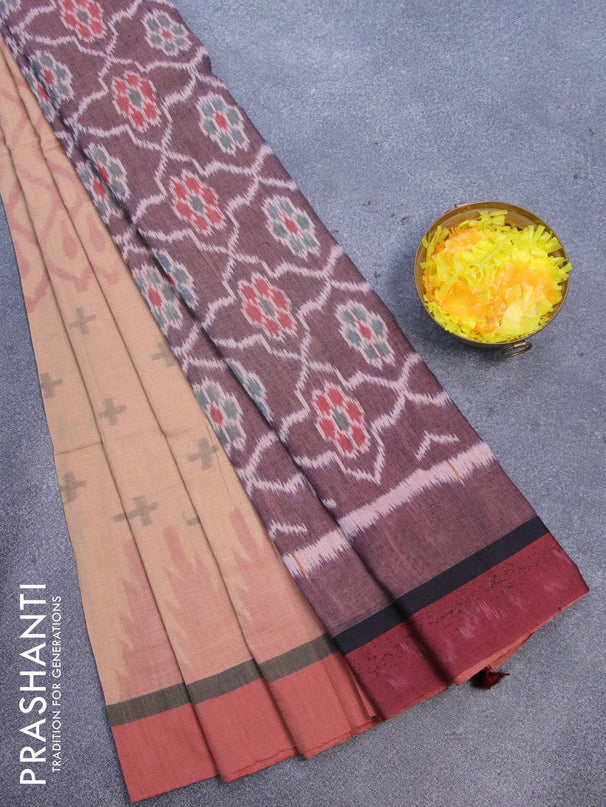 Bengal soft cotton saree dark sandal and maroon shade with thread woven buttas and simple border - {{ collection.title }} by Prashanti Sarees