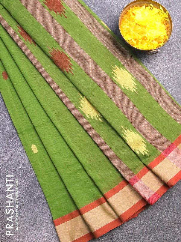 Bengal soft cotton saree green and red with thread woven buttas and contrast border - {{ collection.title }} by Prashanti Sarees