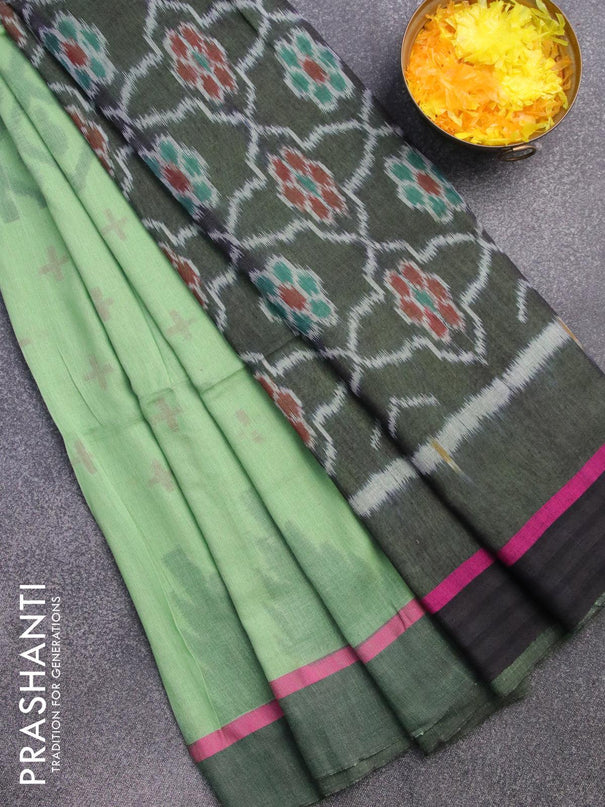 Bengal soft cotton saree green shade and black with allover ikat weaves and simple border - {{ collection.title }} by Prashanti Sarees