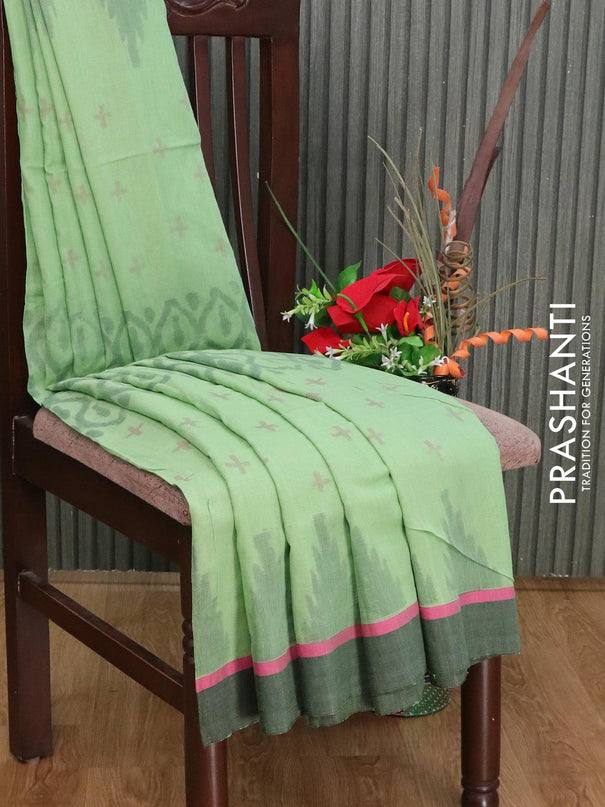 Bengal soft cotton saree green shade and black with allover ikat weaves and simple border - {{ collection.title }} by Prashanti Sarees