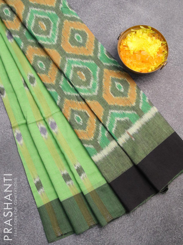 Bengal soft cotton saree green shade and black with ikat butta prints and contrast border - {{ collection.title }} by Prashanti Sarees