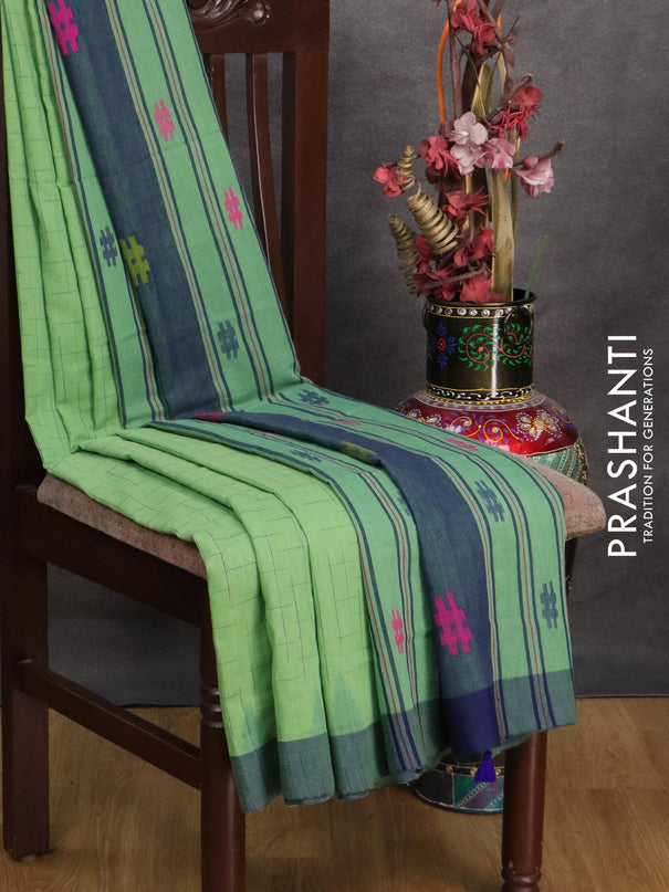 Bengal soft cotton saree green shade and blue with allover thread weaves and contrast border - {{ collection.title }} by Prashanti Sarees