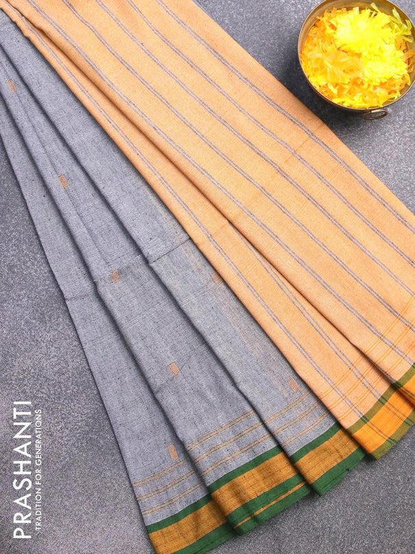 Bengal soft cotton saree grey and mustard shade with thread woven buttas and simple border - {{ collection.title }} by Prashanti Sarees