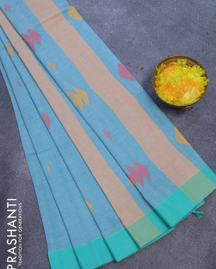 Bengal soft cotton saree light blue and teal green shade with thread woven buttas and zari woven simple border - {{ collection.title }} by Prashanti Sarees