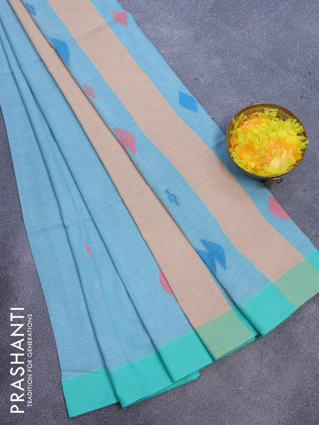 Bengal soft cotton saree light blue and teal green with thread woven buttas and zari woven simple border - {{ collection.title }} by Prashanti Sarees