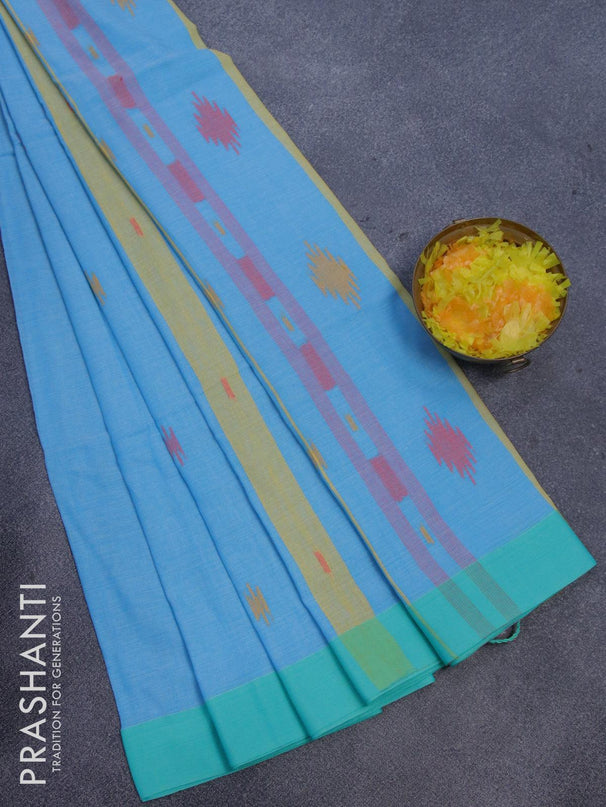 Bengal soft cotton saree light blue with thread woven buttas and contrast border - {{ collection.title }} by Prashanti Sarees