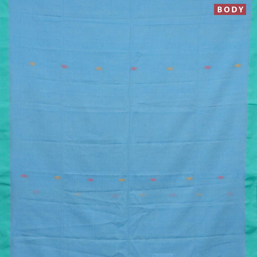 Green Odisha Cotton Saree, Subtly Woven with Buttas All Over the Body, Complemented by a Contrast Temple Border of Geometric Patterns, Captivating Contrast Pallu Features Diamond Patterns, and Has No Blouse