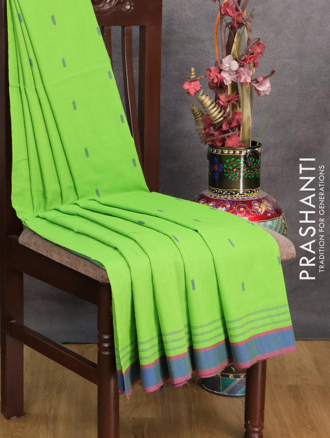 Green Odisha Cotton Saree, Subtly Woven with Buttas All Over the Body, Complemented by a Contrast Temple Border of Geometric Patterns, Captivating Contrast Pallu Features Diamond Patterns, and Has No Blouse main image 1