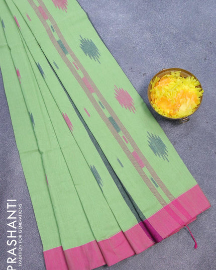 Bengal soft cotton saree light green and pink with thread woven buttas and contrast border - {{ collection.title }} by Prashanti Sarees