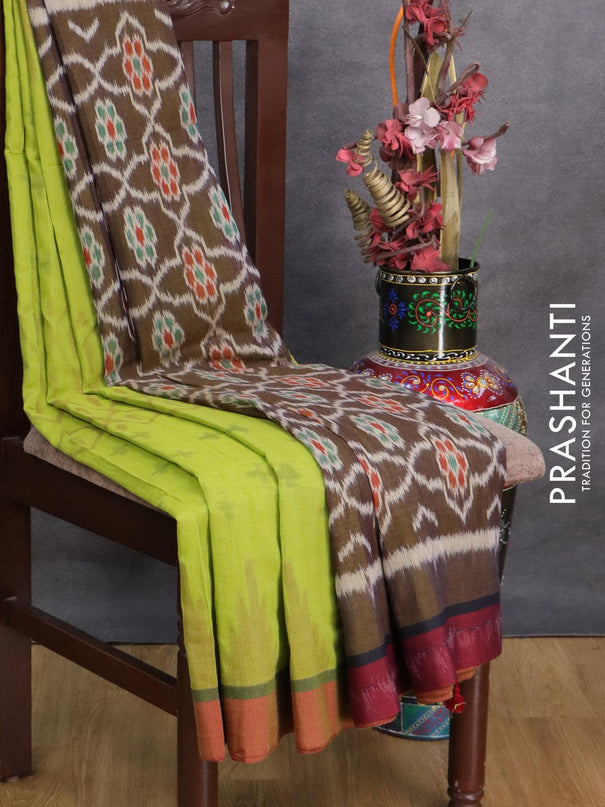 Bengal soft cotton saree light green and red with allover ikat weaves and simple border - {{ collection.title }} by Prashanti Sarees