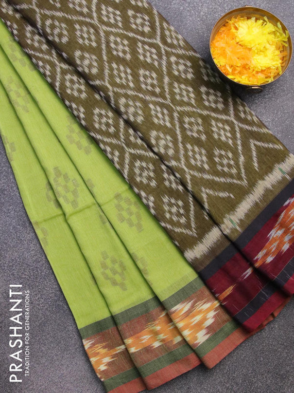 Bengal soft cotton saree light green and sap green with butta prints and ikat woven border - {{ collection.title }} by Prashanti Sarees