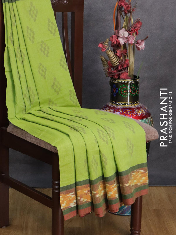Bengal soft cotton saree light green and sap green with butta prints and ikat woven border - {{ collection.title }} by Prashanti Sarees