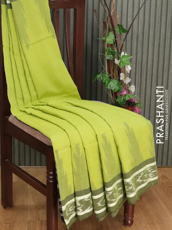Bengal soft cotton saree light green and sap green with plain body and ikat woven border - {{ collection.title }} by Prashanti Sarees