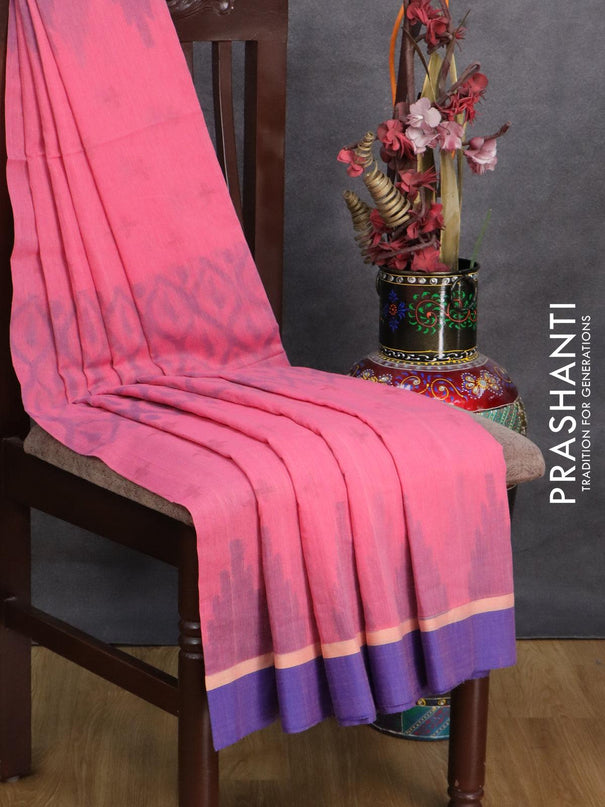 Bengal soft cotton saree light pink and blue with allover ikat weaves and simple border - {{ collection.title }} by Prashanti Sarees