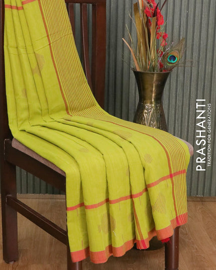 Bengal soft cotton saree lime green and maroon with thread woven buttas and thread woven border - {{ collection.title }} by Prashanti Sarees
