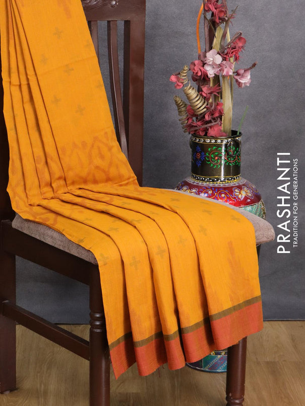 Bengal soft cotton saree mustard yellow and maroon with allover ikat weaves and simple border - {{ collection.title }} by Prashanti Sarees