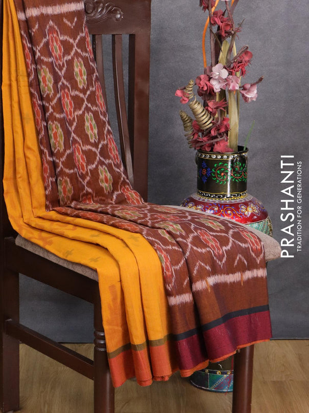 Bengal soft cotton saree mustard yellow and maroon with allover ikat weaves and simple border - {{ collection.title }} by Prashanti Sarees