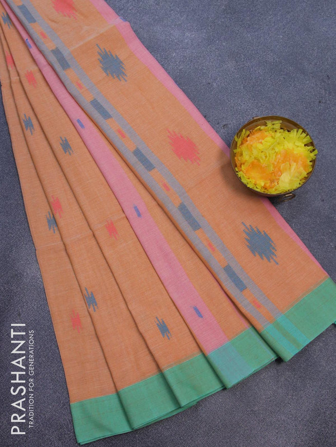 Bengal soft cotton saree mustard yellow and teal green with thread woven buttas and contrast border - {{ collection.title }} by Prashanti Sarees