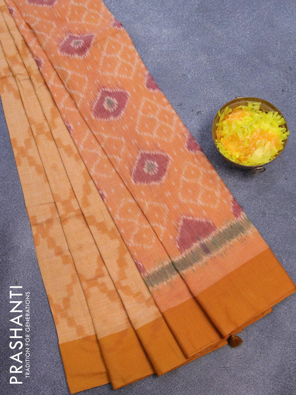 Bengal soft cotton saree pale orange shade and mustard yellow with allover ikat weaves and contrast border - {{ collection.title }} by Prashanti Sarees