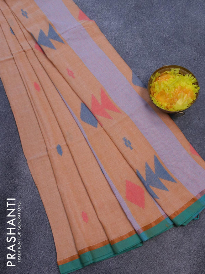 Bengal soft cotton saree pale orange shade and teal green with thread woven buttas and zari woven simple border - {{ collection.title }} by Prashanti Sarees