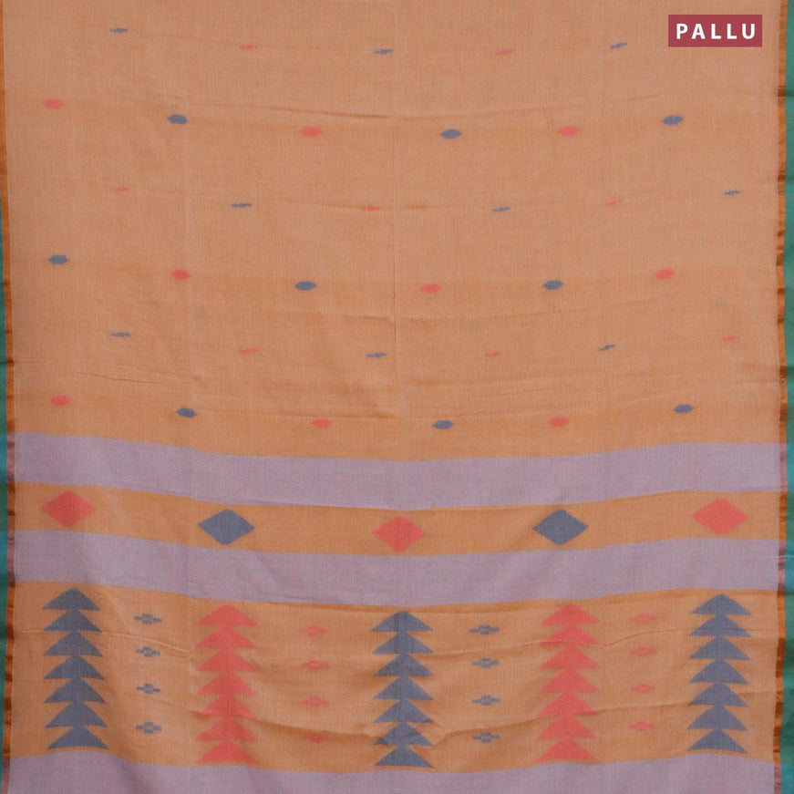 Bengal soft cotton saree pale orange shade and teal green with thread woven buttas and zari woven simple border - {{ collection.title }} by Prashanti Sarees