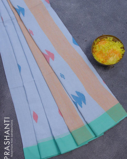 Bengal soft cotton saree pastel blue and teal green with thread woven buttas and zari woven simple border - {{ collection.title }} by Prashanti Sarees