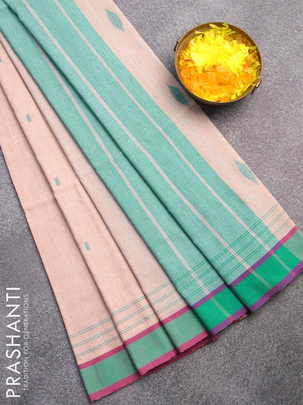Bengal soft cotton saree pastel peach shade and teal green with thread woven buttas and simple border - {{ collection.title }} by Prashanti Sarees