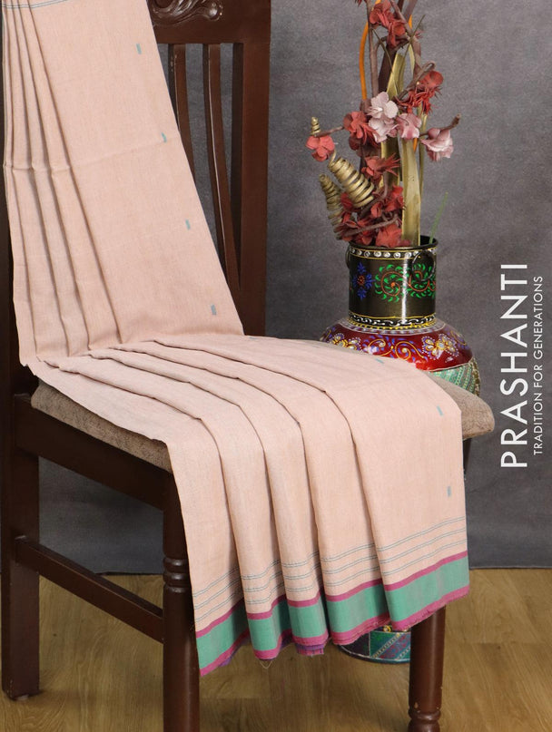 Bengal soft cotton saree pastel peach shade and teal green with thread woven buttas and simple border - {{ collection.title }} by Prashanti Sarees