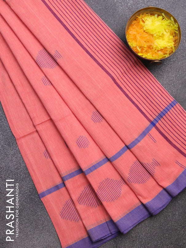 Bengal soft cotton saree peach shade and blue with thread woven buttas and thread woven border - {{ collection.title }} by Prashanti Sarees