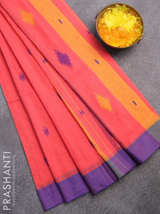 Bengal soft cotton saree peach shade with thread woven buttas and contrast border - {{ collection.title }} by Prashanti Sarees